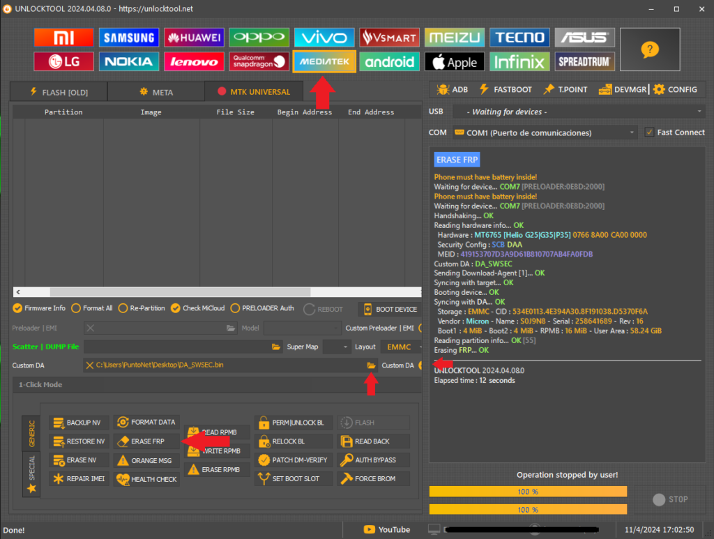 Frp e6s procesador mediateck con unlocktool