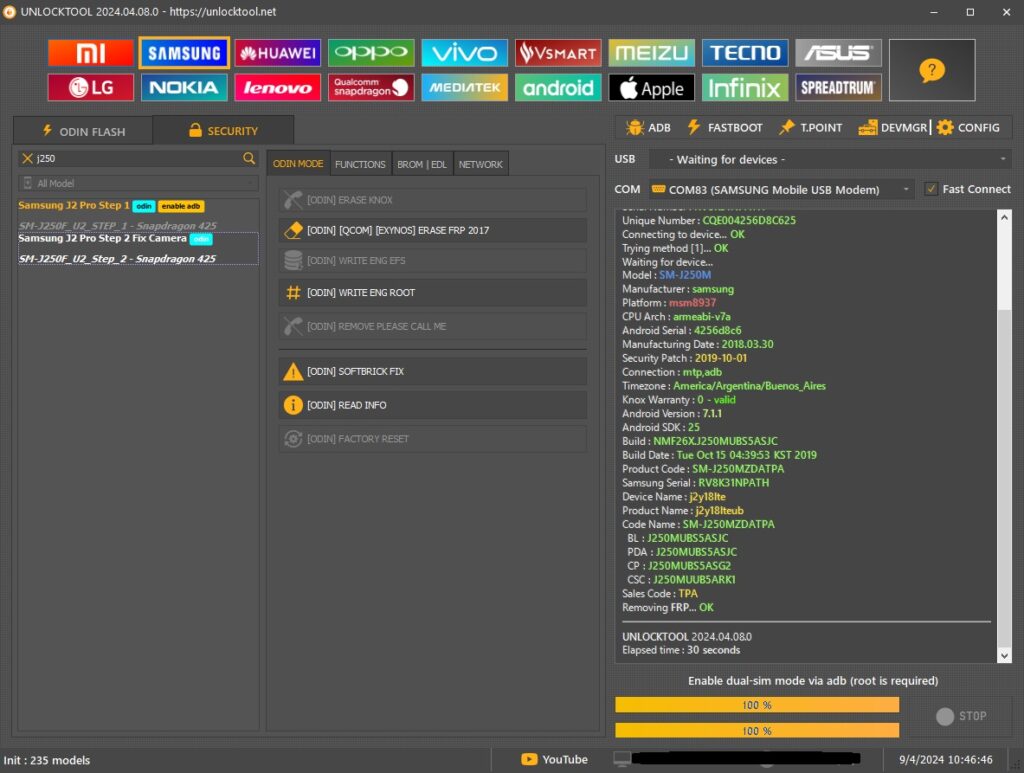 Frp j2 pro SM-J250M via unlocktool